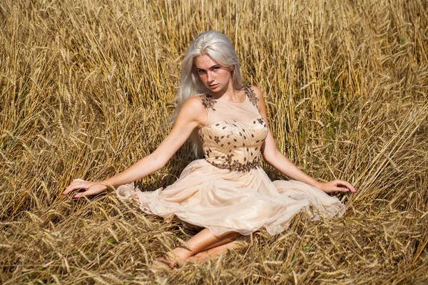 Retrato Corpo Inteiro Uma Jovem Bela Mulher Loira Vestido Moda — Fotografia de Stock