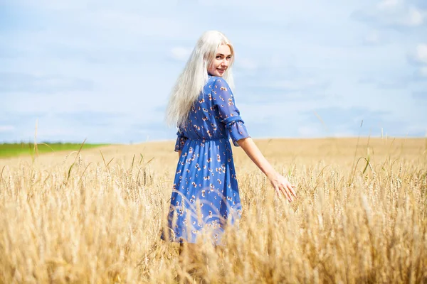 Młoda Piękna Blondynka Niebieskiej Sukience Pozowanie Polu Pszenicy — Zdjęcie stockowe