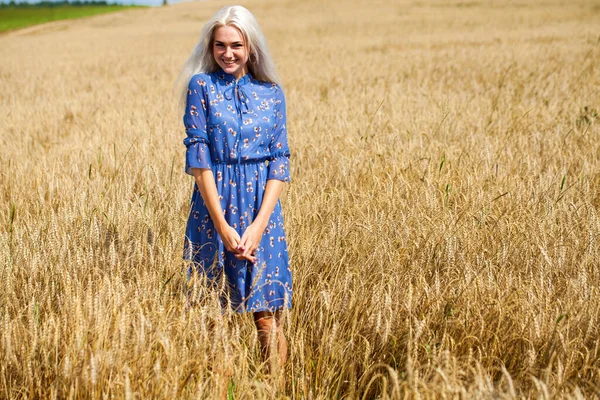 Ung Vacker Blond Blå Klänning Poserar Ett Vetefält — Stockfoto