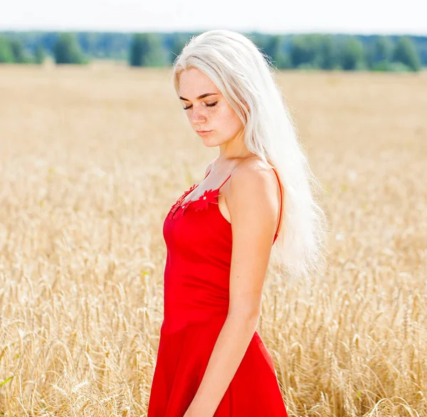 Retrato Una Joven Hermosa Posando Acostada Las Orejas Trigo — Foto de Stock