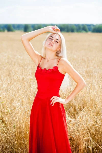 穿着红色衣服的年轻漂亮的金发姑娘在麦田里摆姿势 — 图库照片
