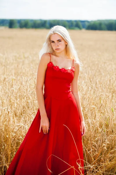 穿着红色衣服的年轻漂亮的金发姑娘在麦田里摆姿势 — 图库照片