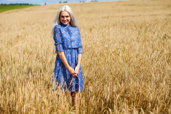 Ung Vacker Blond Blå Klänning Poserar Ett Vetefält — Stockfoto