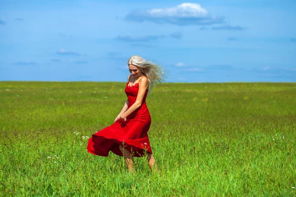 Full Body Portrait Young Beautiful Blonde Woman Red Dress — Stock Photo, Image
