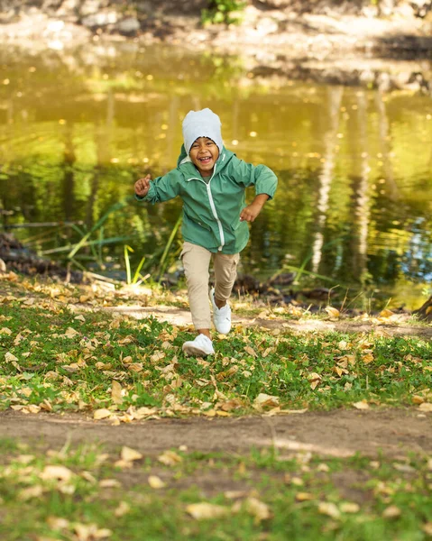 Plný Portrét Malého Chlapce Podzimním Parku — Stock fotografie