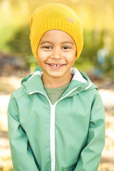 Close Portrait Little Boy Autumn Park — Stock Photo, Image