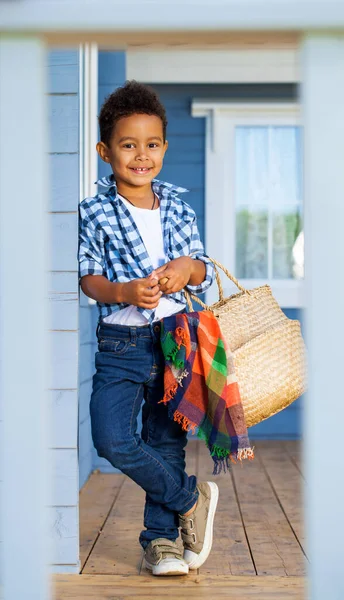 Full Body Portrait Young Beautiful African Little Boy Blue Jeans — Stock Photo, Image