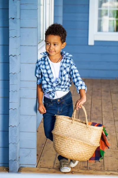 Full Body Portrait Young Beautiful African Little Boy Blue Jeans — Stock Photo, Image