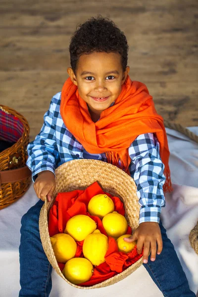 Handsome Little Preschool Boy Basket Fresh Lemons — Stock Photo, Image