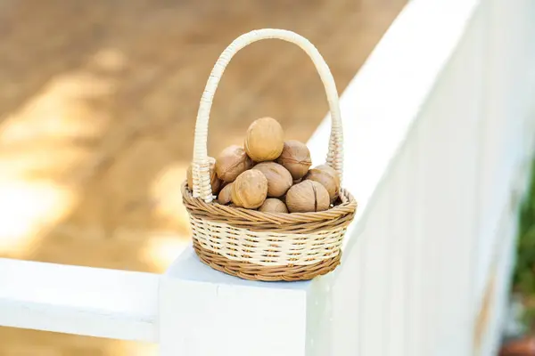 Small Wicker Basket Walnuts — Stock Photo, Image