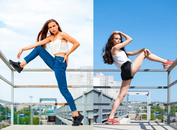 Collage Twee Mooie Jonge Brunette Modellen Witte Zomer Blouse Jeans — Stockfoto