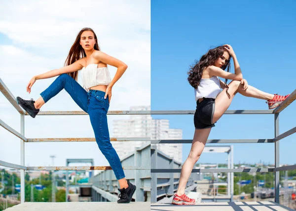 Collage Twee Sexy Vrouwen Witte Blouse Blauwe Jeans Zomer Straat — Stockfoto