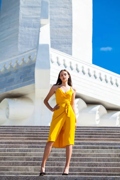 Full Length Portrait Young Beautiful Woman Summer Dress Posing Backdrop — Stock Photo, Image
