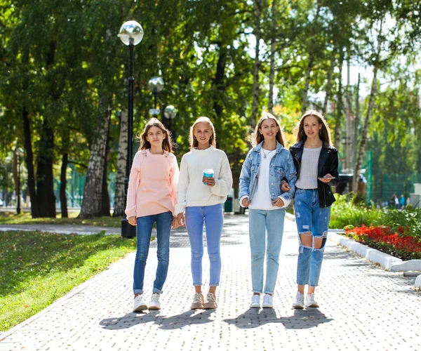 秋の公園を歩く4人の幸せな若い女の子 — ストック写真