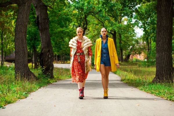 Dvě Mladé Stylové Dívky Procházejí Podzimním Parku — Stock fotografie