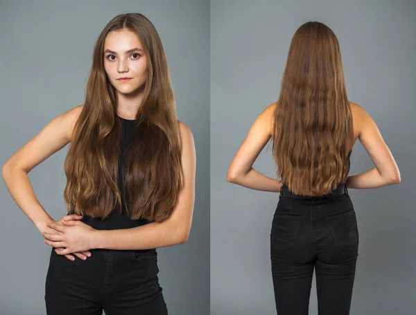 Колір Двох Моделей Волосся Жінки Заднього Виду Брюнетки — стокове фото