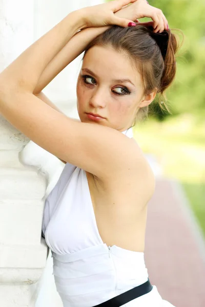 Sad Young Woman Crying Black Mascara Tears — Stock Photo, Image