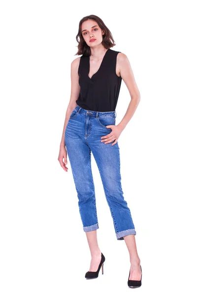 Full Body Portrait Young Beautiful Brunette Model Blue Jeans Isolated — Stock Photo, Image