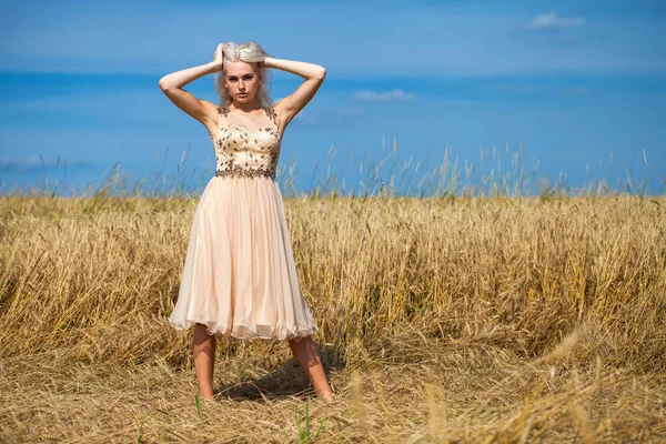 Retrato Corpo Inteiro Uma Jovem Bela Mulher Loira Vestido Moda — Fotografia de Stock