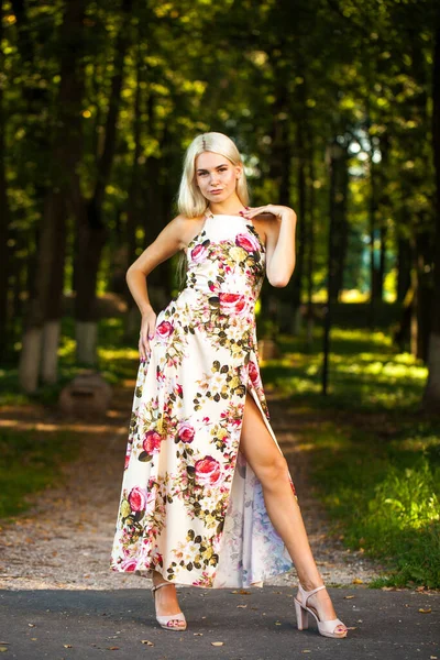 Pełne Ciało Portret Młodej Blondynki Długich Kwiatów Sukienka — Zdjęcie stockowe