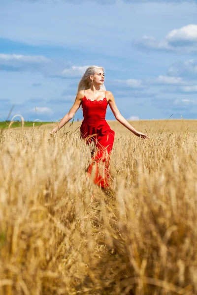 Joven Hermosa Rubia Vestido Rojo Posando Campo Trigo — Foto de Stock