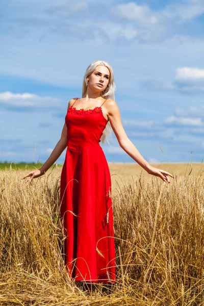 Ung Vacker Blond Röd Klänning Poserar Ett Vetefält — Stockfoto
