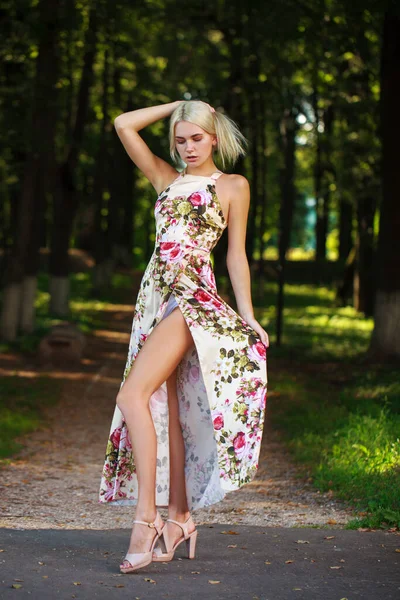 Retrato Corpo Inteiro Uma Jovem Mulher Loira Vestido Flores Longas — Fotografia de Stock