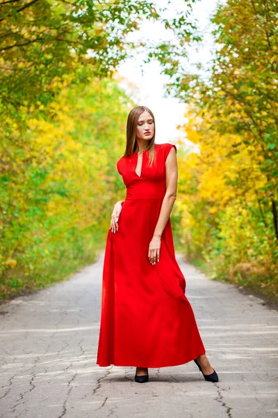 Sonbahar Ormanında Kırmızı Dar Elbiseli Genç Bir Kadının Uzun Portresi — Stok fotoğraf