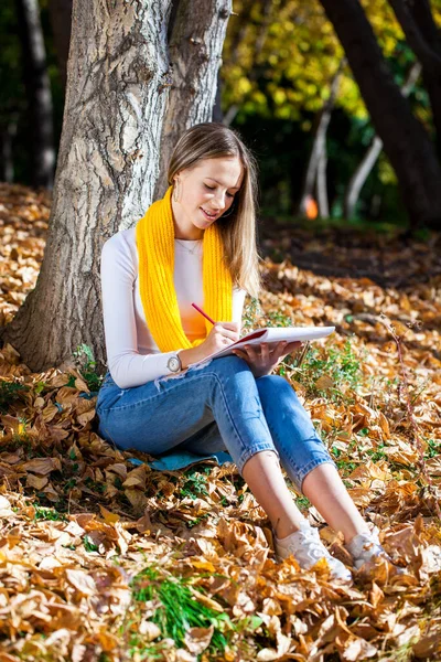 Young Beautiful Girl Draws Pencil Sketchbook While Sitting Autumn Park — Stock Photo, Image