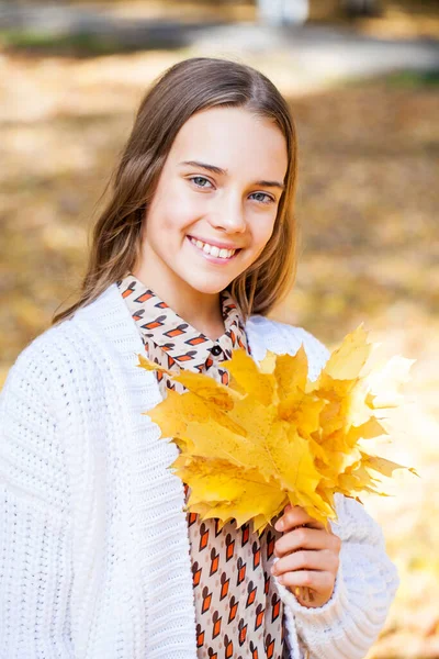 Bella Ragazza Adolescente Posa Nel Parco Autunnale — Foto Stock