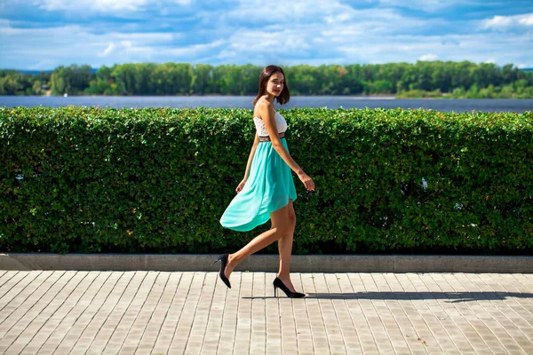 フルボディポートレートの若いです美しいですブルネット女性歩行で夏公園 — ストック写真
