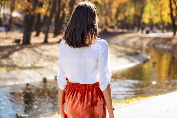 Modelo Pelo Morena Vista Trasera Mujer Joven Otoño Parque Aire —  Fotos de Stock