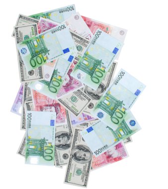 Dolar, sterlin ve euro para banknot beyaz zemin üzerine yığını