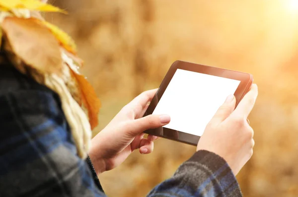 Menina Usando Pequeno Tablet Preto Com Tela Branca Floresta Outono — Fotografia de Stock