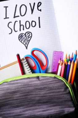 Tam gri okul sırt çantası ile renkli kalemler, kırmızı kalem, pembe cetvel, defter, makas ve defterini ben aşk okul işaret ile yakın çekim