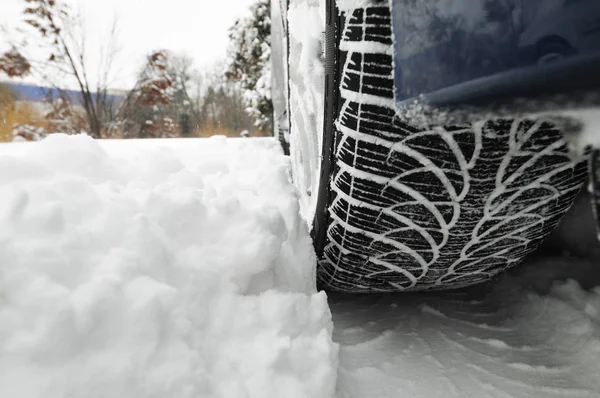 冬の森の雪のトレイルと黒い車タイヤ — ストック写真