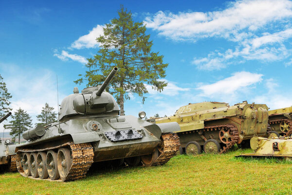 Old military battle tanks on grass with trees against blue sky with clouds