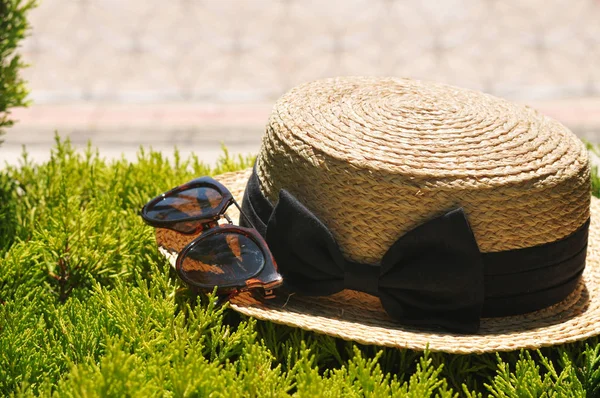 Chapéu Palha Com Arco Preto Óculos Sol Arbusto Verde — Fotografia de Stock
