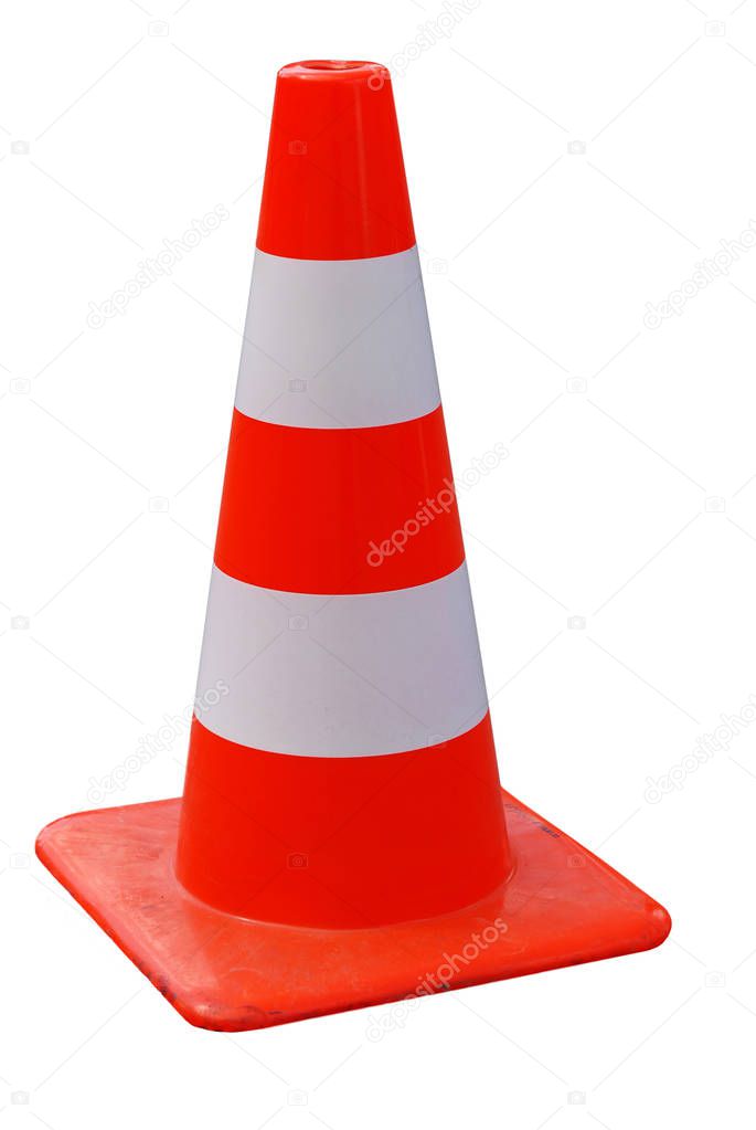 One orange and white traffic cone isolated on white background