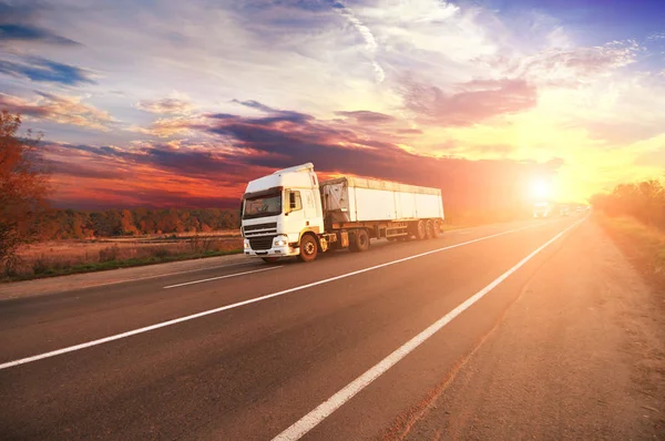 Big Trucks White Trailers Cars Countryside Road Sky Sunset — Stock Photo, Image