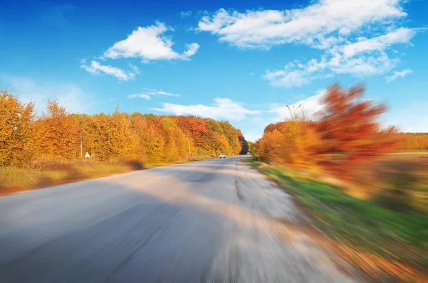 Estrada Campo Movimento Com Carro Floresta Outono Com Arbustos Contra — Fotografia de Stock