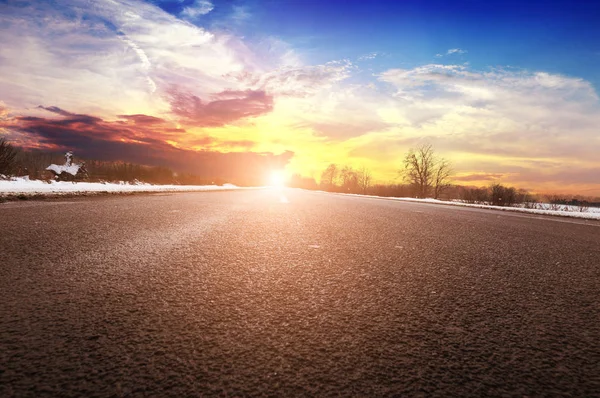 Empty Winter Countryside Road Trees White Snow Sky Sunset — Stock Photo, Image