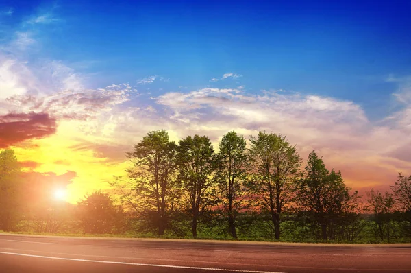 日没と空に対する木々や茂みと空の田舎道 — ストック写真