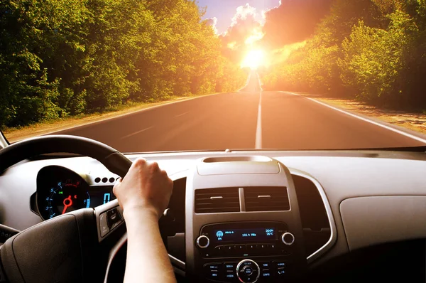Car dashboard with driver hand on black steering wheel and road in motion with green trees against sky with sunset