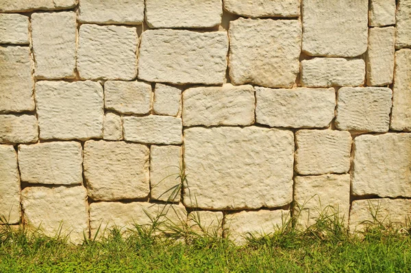 Vecchio Sfondo Muro Pietra Mattoni Beige Con Erba Verde — Foto Stock
