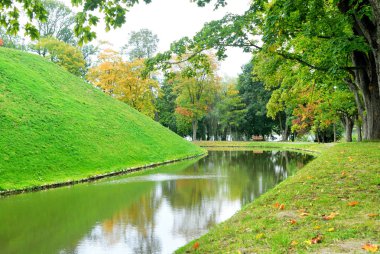 Sonbahar ormanlı gölet ve beyaz gökyüzüne karşı yeşil tepe
