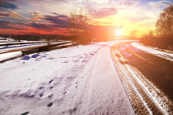 Empty Winter Countryside Road Trees White Snow Sky Sunset — Stock Photo, Image