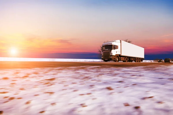 Big White Truck Trailer Space Text Winter Countryside Road Motion — Stock Photo, Image