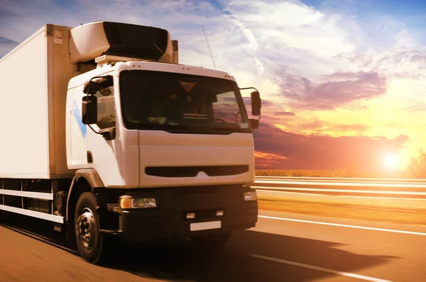 Big White Box Truck Countryside Road Motion Sky Sunset — Stock Photo, Image