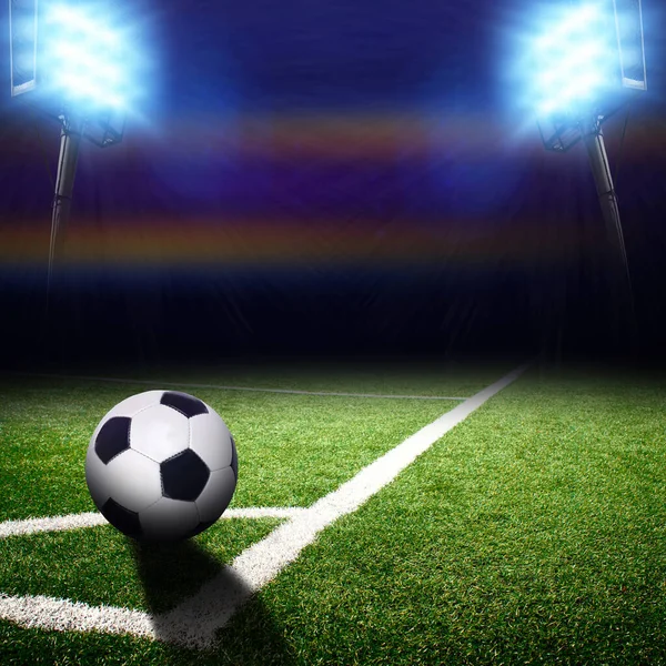 Voetbalveld Hoek Met Zwart Wit Bal Felle Lichten Met Flitsen — Stockfoto